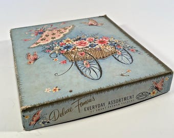 Vintage 1950s Deluxe Famous Stationery Box – Everyday Assortment French Folders – Mid Century Floral Storage – Good Housekeeping