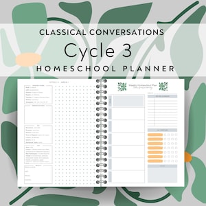 May include: A spiral-bound homeschool planner with the text "CLASSICAL CONVERSATIONS Cycle 3 HOMESCHOOL PLANNER." The planner has a white interior with sections for weekly planning, memory work, and presentations. The background features a floral pattern in shades of green and white.