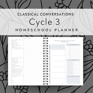 Op de afbeelding: Een spiraalgebonden homeschoolplanner met de tekst "CLASSICAL CONVERSATIONS Cycle 3 HOMESCHOOL PLANNER" bovenaan. De open pagina's tonen een wekelijkse planindeling met secties voor vakken en notities, en een sectie voor "CYCLE 3 - WEEK 1".