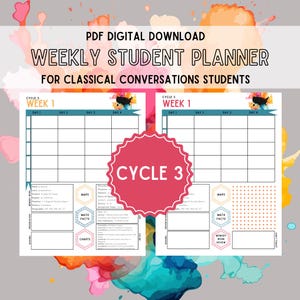 May include: A digital PDF weekly student planner for Classical Conversations students. The planner features a grid layout for each week, with sections for subjects and tasks. The design includes colorful accents and the text "Cycle 3 Week 1".
