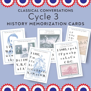 May include: A collection of history memorization cards for Classical Conversations Cycle 3. The cards feature historical figures, events, and the text "Tell me about..." in a variety of fonts and colors. The cards are arranged on a light blue background.