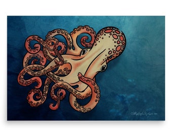 Twenty Thousand Leagues Art Print, Enhanced Matte Poster, Original Artwork, Octopus, Kraken, Tentacle, Decor, Bathroom, Wall, Unique Gift