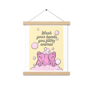 Lávese las manos, arte de pared de hipopótamo animal sucio, póster de papel mate mejorado con percha, arte original, decoración, baño, rosa, amarillo