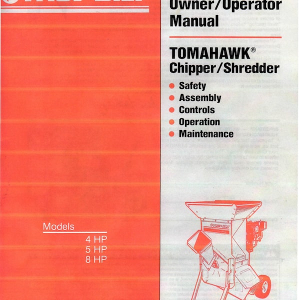 1989 Tomahawk TROY-BILT  Owner Operator Manual  4/5-8 Hp