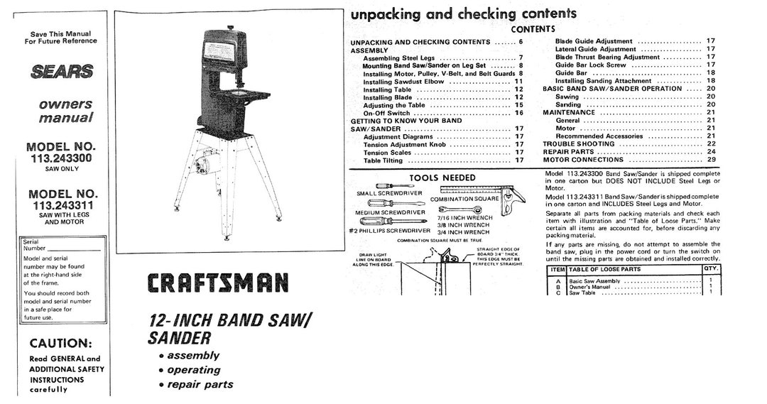 Craftsman Owners Operators Repair Manual 12 Inch Band Saw/sander No