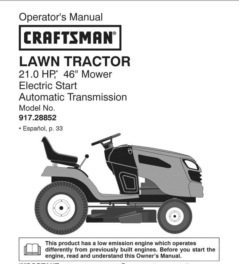 Craftsman Lawn Tractor 21 HP Operator's Manual Model No:917.28852 - Etsy