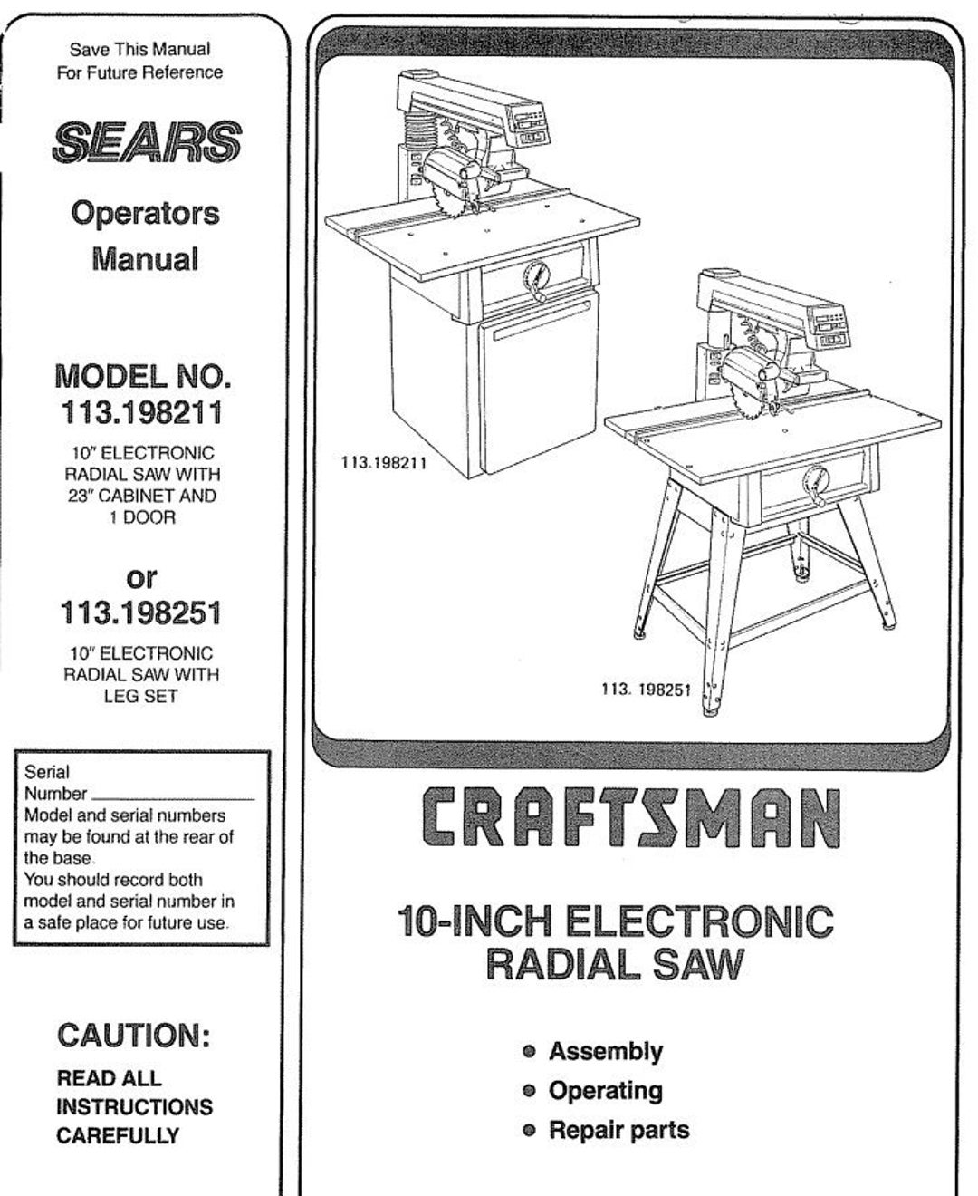 Craftsman 10 Inch Electronic Radial Arm Saw Operato Manual 113.198211