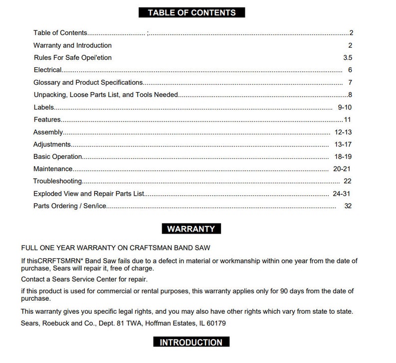 Craftsman 9 Inch Band Saw 315.214490 Owner's Operator & Parts Manual Etsy