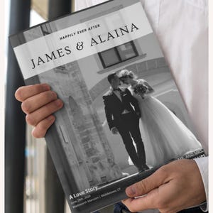 Op de afbeelding: Een zwart-witte huwelijksuitnodiging met de tekst "Happily Ever After James & Alaina" en "A Love Story" met de datum "June 28th, 2024" en de locatie "Wadsworth Mansion | Middletown, CT". Een zwart-witte foto van het paar is op de achtergrond.