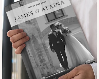May include: A black and white wedding invitation with the text "Happily Ever After James & Alaina" and "A Love Story" with the date "June 28th, 2024" and the location "Wadsworth Mansion | Middletown, CT". A black and white photo of the couple is in the background.