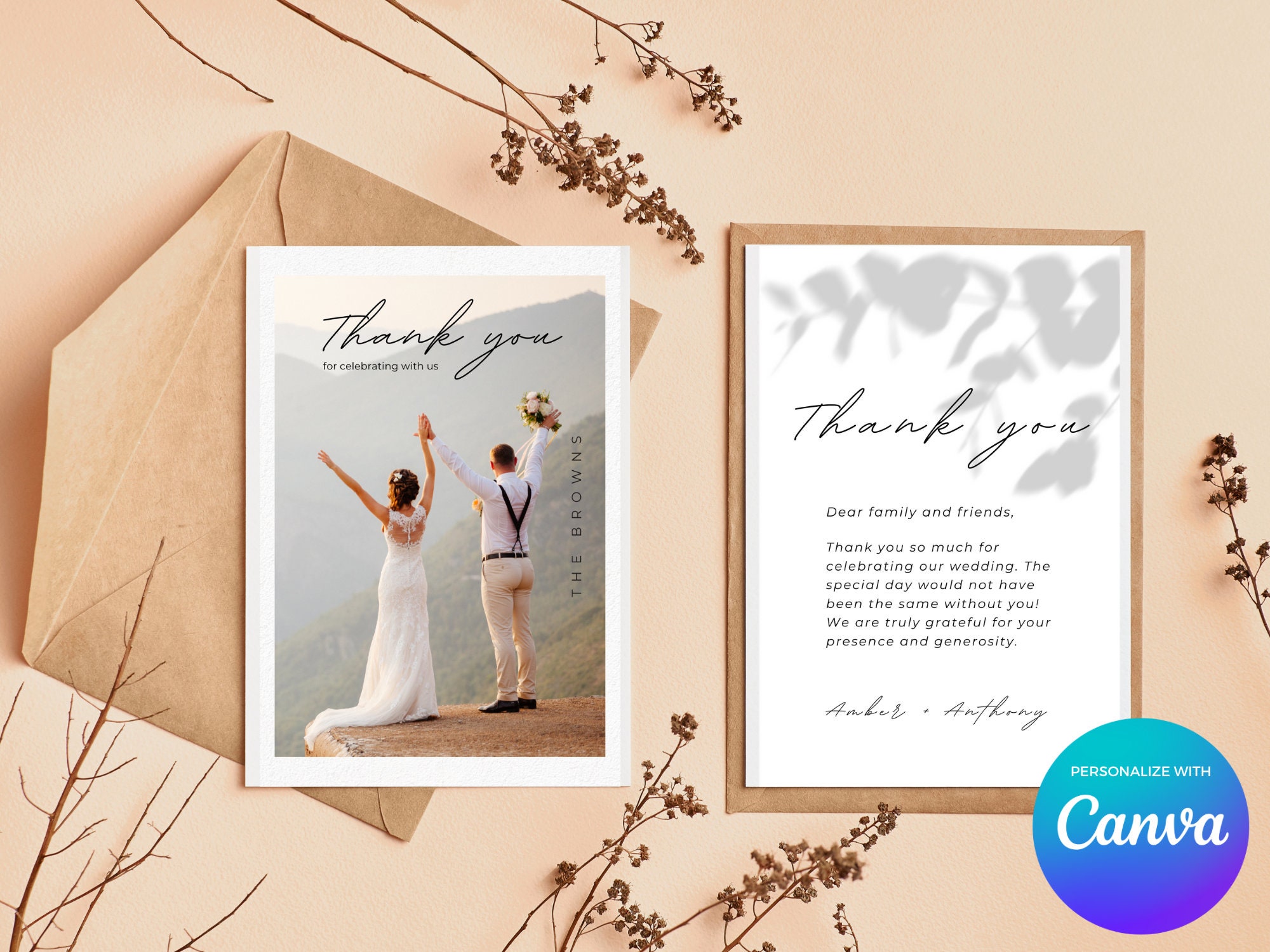 Modern Photo Thank You Card, Wedding Photo Thank You Card, Wedding Photo Thank You Card, Photo Card Editable, Digital, Printable DIY | Ella