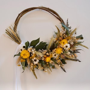 Couronne de fleurs séchées au soleil, cerceau de fleurs éternels, décoration de fleurs séchées, véritables fleurs et feuillages séchés