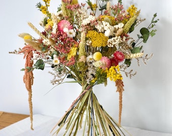 Hand Tied Dried Flower Bouquet: Yellow Pink Natural Spring Easter Home Decor