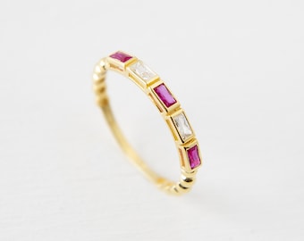 14K Gold Tiny Ring, 18K Colored Baguette Ruby Stone Ring, Minimalist Baguette Gold Ring, Tiny Baguette Ring, Delicate Colored Baguette Ring