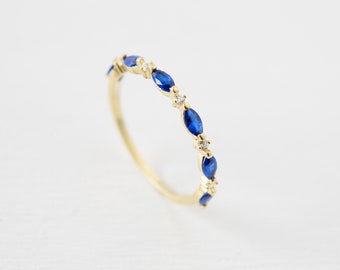 14K Gold Tiny Ring, Solid Gold Sapphire Ring, Womens Blue Sapphire Stacking Ring, Minimalist Sapphire Half Eternity Ring, Birthday Gifts,