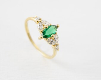 14K Emerald Engagement Ring,  Marquise Cut Green Ring, Dainty  Ring Solid Gold, Wedding Proposal Ring Women, Gift for Her