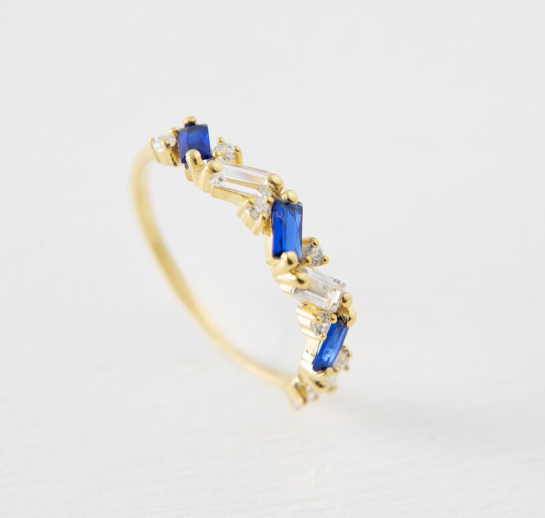 14K Gold Tiny Ring, 18K Colored Baguette Sapphire Stone Ring, Minimalist Baguette Gold Ring, Tiny Baguette Ring, Delicate Ring image 3