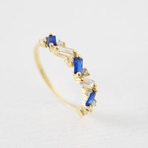 14K Gold Tiny Ring, 18K Colored Baguette Sapphire Stone Ring, Minimalist Baguette Gold Ring, Tiny Baguette Ring, Delicate Ring image 1
