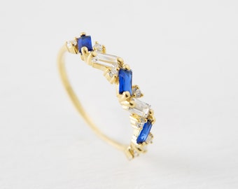 14K Gold Tiny Ring, 18K Colored Baguette Sapphire Stone Ring, Minimalist Baguette Gold Ring, Tiny Baguette Ring, Delicate Ring