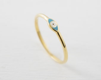 Evil Eye 14k Solid Gold Ring, Dainty Ring, Minimalist Design, Stackable Ring, Chrismas Gift