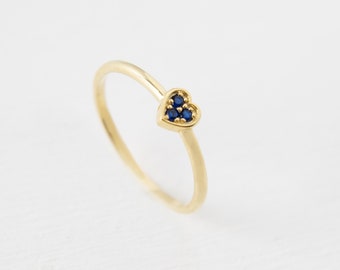 14K Gold Tiny Heart Ring, Solid Gold Sapphire Promise Ring, Dainty Heart Ring, Sapphire Blue Ring, Delicate Birthstone Ring