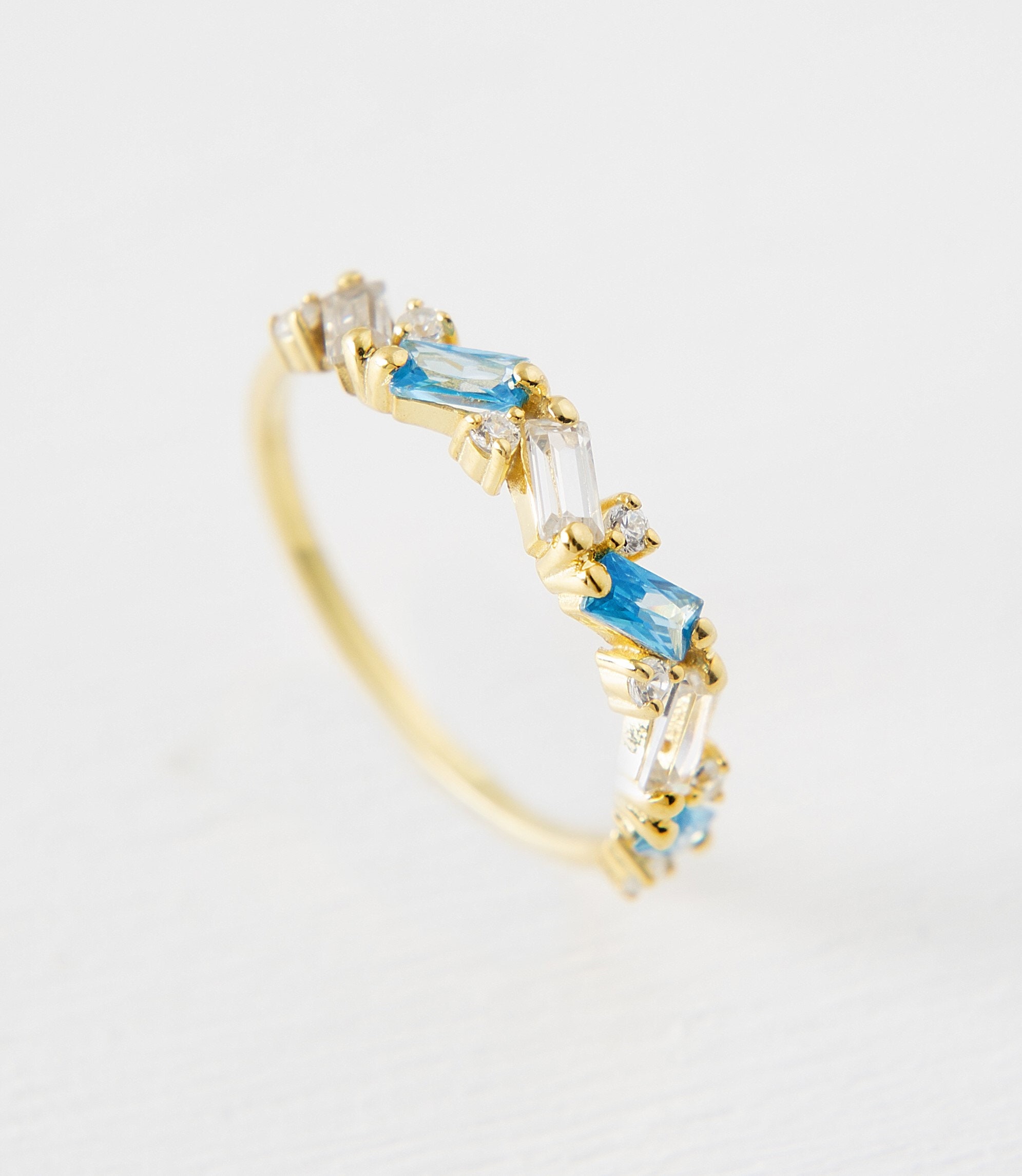 14K Gold Tiny Ring, 18K Colored Baguette Aquamarine Stone Ring, Minimalist Baguette Gold Ring, Tiny Baguette Ring, Delicate Ringthumbnail