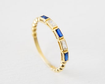 14K Gold Tiny Ring, 18K Colored Baguette Sapphire Stone Ring, Minimalist Baguette Gold Ring, Tiny Baguette Ring, Delicate Ring