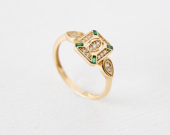 14K Gold Emerald Signet Ring, Baguette Emerald Ring, Emerald Ring, Art Deco Ring, Christmas Gift