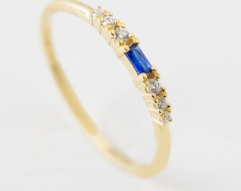 Dainty Baguette Blue Sapphire and Diamond Ring, Simple Gold Ring, Delicate Ring,Minimalist Ring, Tiny Ring, Stacking Rings