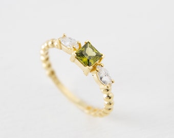 14K Peridot Engagement Ring, Princess Cut Peridot Ring, Dainty  Ring Solid Gold, Wedding Proposal Ring Women, Gift for Her