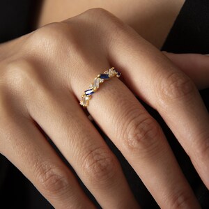 14K Gold Tiny Ring, 18K Colored Baguette Sapphire Stone Ring, Minimalist Baguette Gold Ring, Tiny Baguette Ring, Delicate Ring image 4