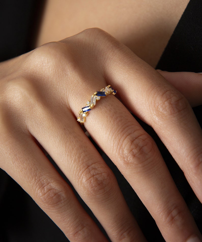 14K Gold Tiny Ring, 18K Colored Baguette Sapphire Stone Ring, Minimalist Baguette Gold Ring, Tiny Baguette Ring, Delicate Ring image 4