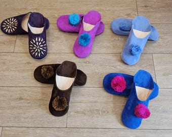 Traditional Moroccan Babouches in Nubuck - Round toe slipper - Natural Leather - odorless - Colors, Handmade in Morocco