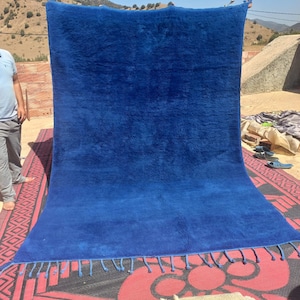 May include: A large, deep blue rug with a fringe border. The rug is hanging on a clothesline in a rural setting.