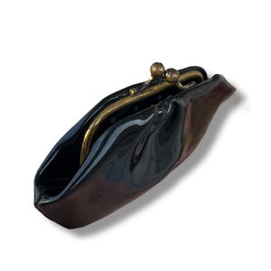 Vintage 1940s Patent Leather Coin Purse – Brass Clasp, Art Deco Mini Bag, Glossy Black Retro Wallet