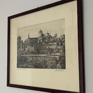 Heinz Vogel Signed Etching | Original German Art in Frame | Vintage 1960s Abteiberg Scene | Kunsthaus Krichel