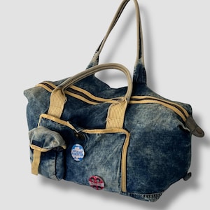 Y2K Blue Denim Shoulder Bag with Metal Badges | 2000s Vintage Expandable Jeans Bag | Grunge Indie Aesthetic