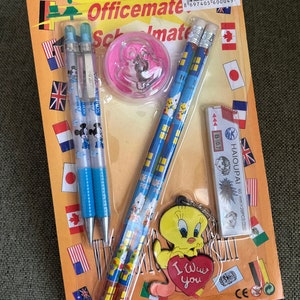 Vintage Stationery Set, Kawaii Cartoon Characters Stationery, Hello Kitty pencil, Tweety Keychain, Mickey Mouse Pencil and Sharpener
