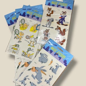 Vintage Italiaanse cartoonstickerset - Tennisstickers konijn, vos, grappige man - jaren 80-stijl - kawaii Ephemera-pakket