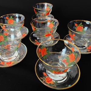 Vintage Ice Cream Bowl Set of 6 | Floral & Gilded Dessert Bowls | Retro Glassware