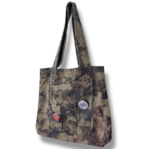 Y2K Camouflage Tote Bag: Vintage Pins & Medal, Grunge Style