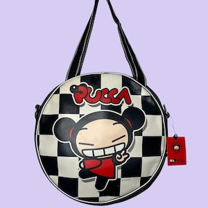 Bolso de hombro vintage de Pucca (nuevo, año 2000), estilo kawaii, con dibujos coreanos de Pucca y Garu, estampado a cuadros.