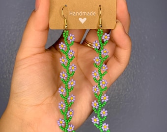 Indigenous Handmade Floral Beaded Earrings: Daisy Chain Jewelry, Long Flower Beadwork Earrings, Native American Owned Shop