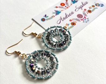 Indigenous Handmade Turquoise, Silver, and Crystals Beaded Hoop Earrings: Small Beadwork Jewelry, Native American Owned Shop