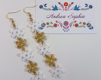 Indigenous Handmade Beaded Earrings: White and Gold Snowflakes, Native American Beadwork Jewelry, Christmas Holiday Earring, Indigenous Shop
