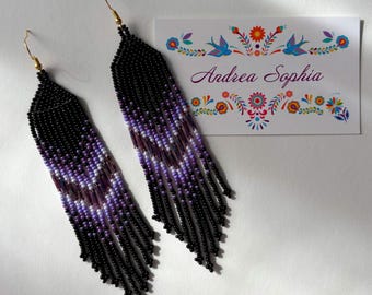 Indigenous Handmade Beaded Earrings: Purple and Black, Native American Beadwork Jewelry, Indigenous Owned Shop