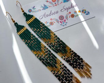 Indigenous Handmade Beaded Earrings: Green, Black, and Gold, Long Fringe Earrings, Native American Beadwork Jewelry, Indigenous owned shop
