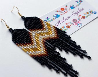 Indigenous Handmade Beaded Earrings — Black, Gold, & Earth tones, Native American Beadwork Jewelry, Indigenous Owned Shop