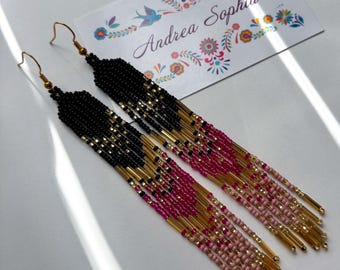 Indigenous Handmade Beaded Earrings: Black, Pink, and Gold, Long Fringe Earrings, Native American Beadwork Jewelry, Indigenous owned shop