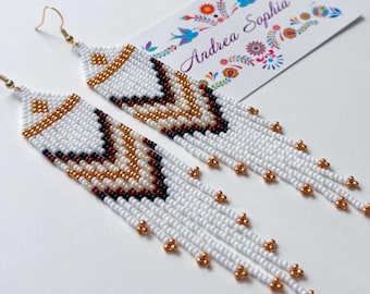 Indigenous Handmade Beaded Earrings — White, Gold, & Earth tones, Native American Beadwork Jewelry, Indigenous Owned Shop